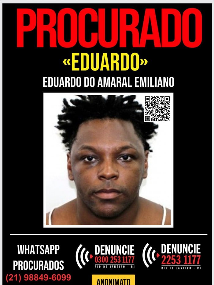 O Portal dos Procurados pede informações sobre Eduardo Amaral Emiliano, principal suspeito de matar a facadas a companheira em Bangu