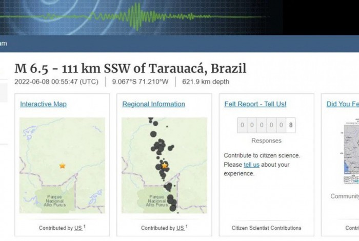 USGS, dos Estados Unidos, registrou o terremoto no norte do Brasil