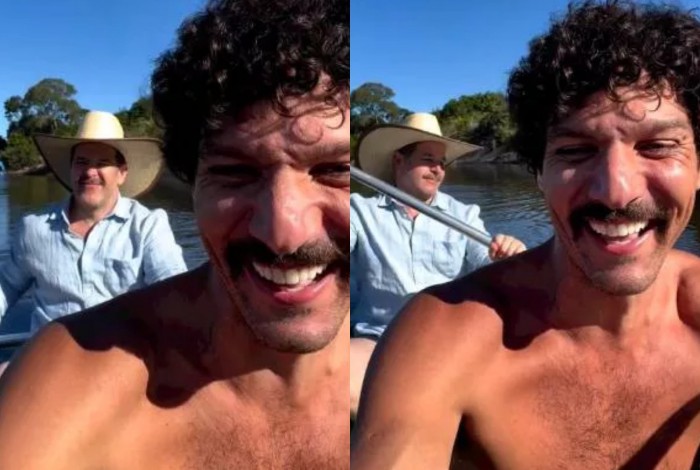 Murilo Benício e Guito fazem passeio de barco pelo Pantanal após o fim das gravações
