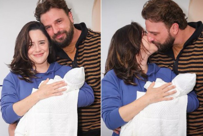 Fernanda Vasconcellos e Cássio Reis deixam maternidade com o filho Romeo