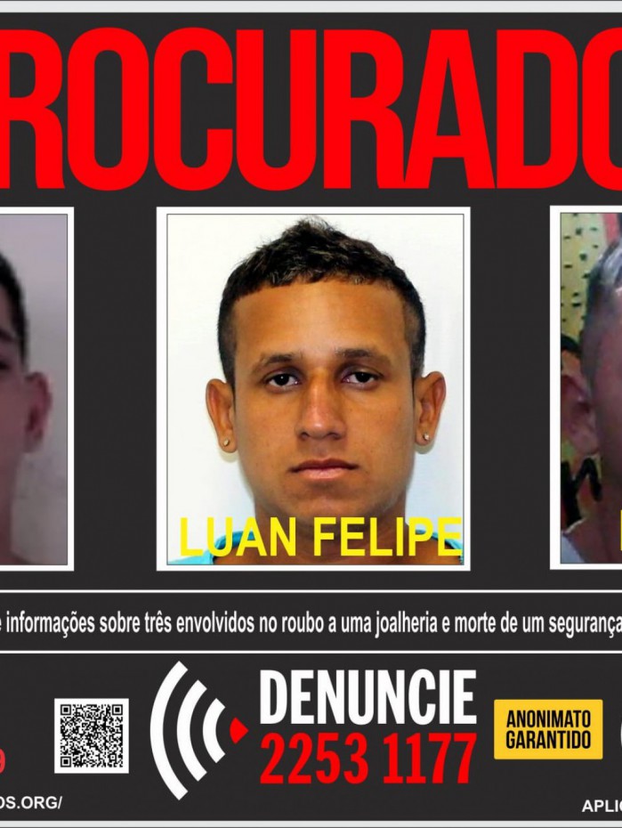 Disque Denúncia pede informações sobre o paradeiro dos três identificados no assalto à Joalheria Sara, no Shopping Village Mall