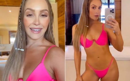 Carla Diaz posa com biquíni rosa na Bahia