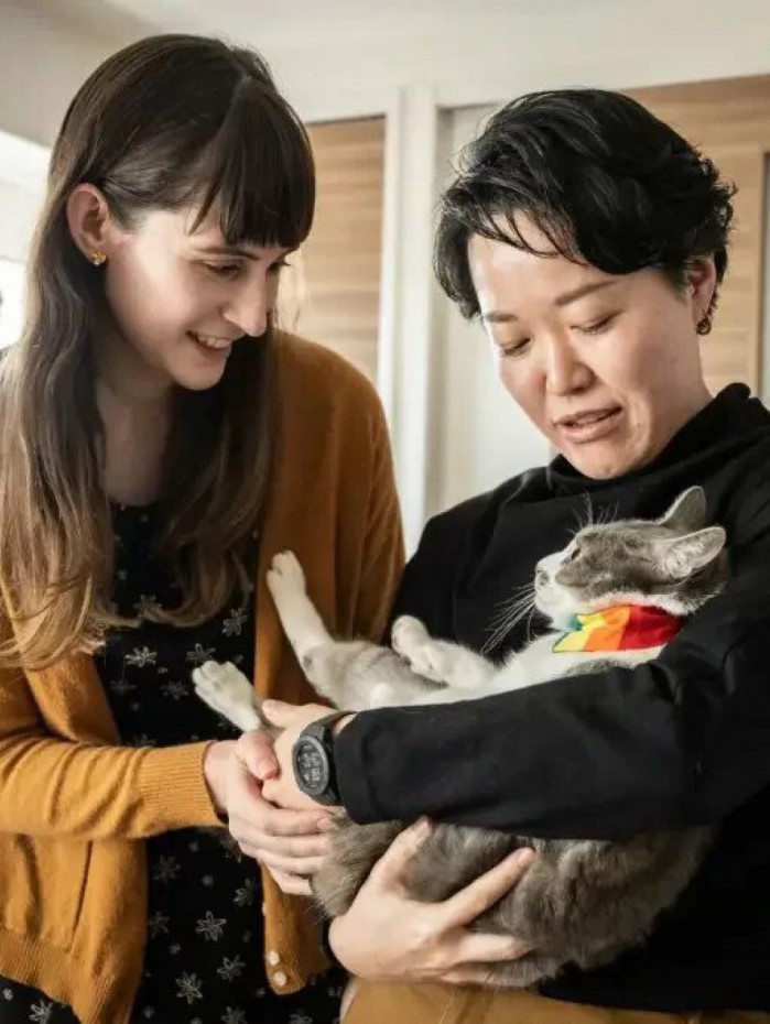 Katie e Mike acariciam gato de estimação do casal