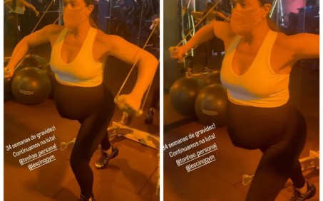 Claudia Raia aparece malhando com oito meses de gravidez: 'Continuamos na luta!'