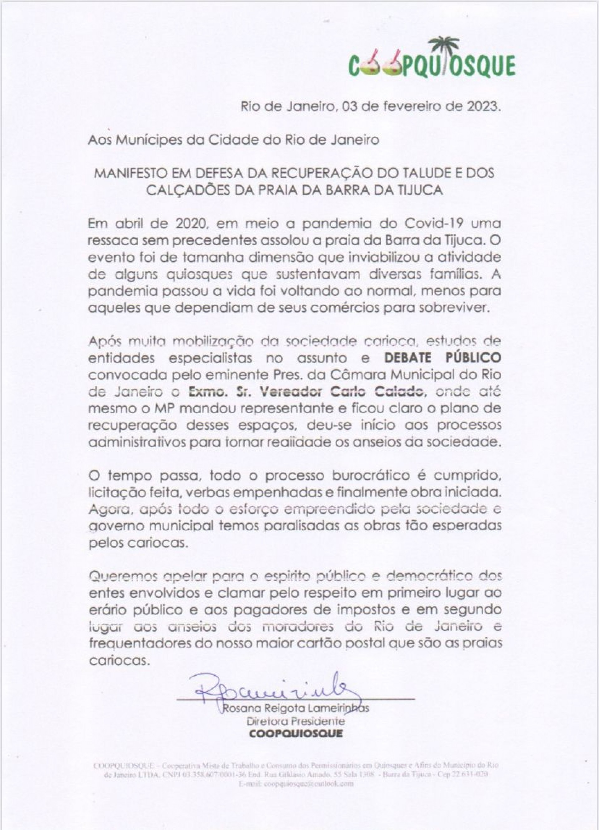 CoopQuiosque clama pelo respeito ao erário público e aos pagadores de impostos, além de cariocas e frequentadores da praia - Manifesto CoopQuiosque