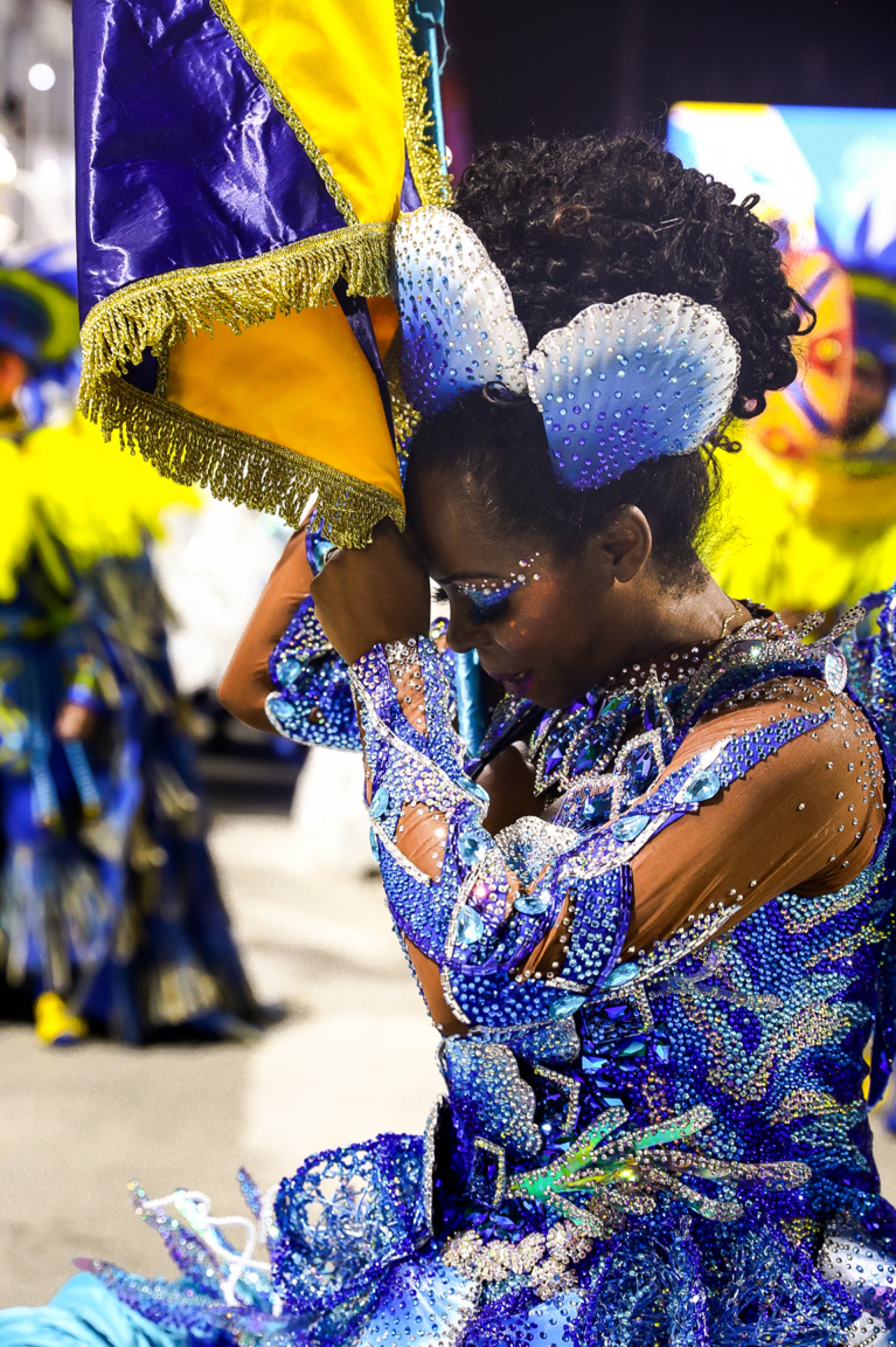 Porta-bandeira concentrada durante desfile no Samb&oacute;dromo