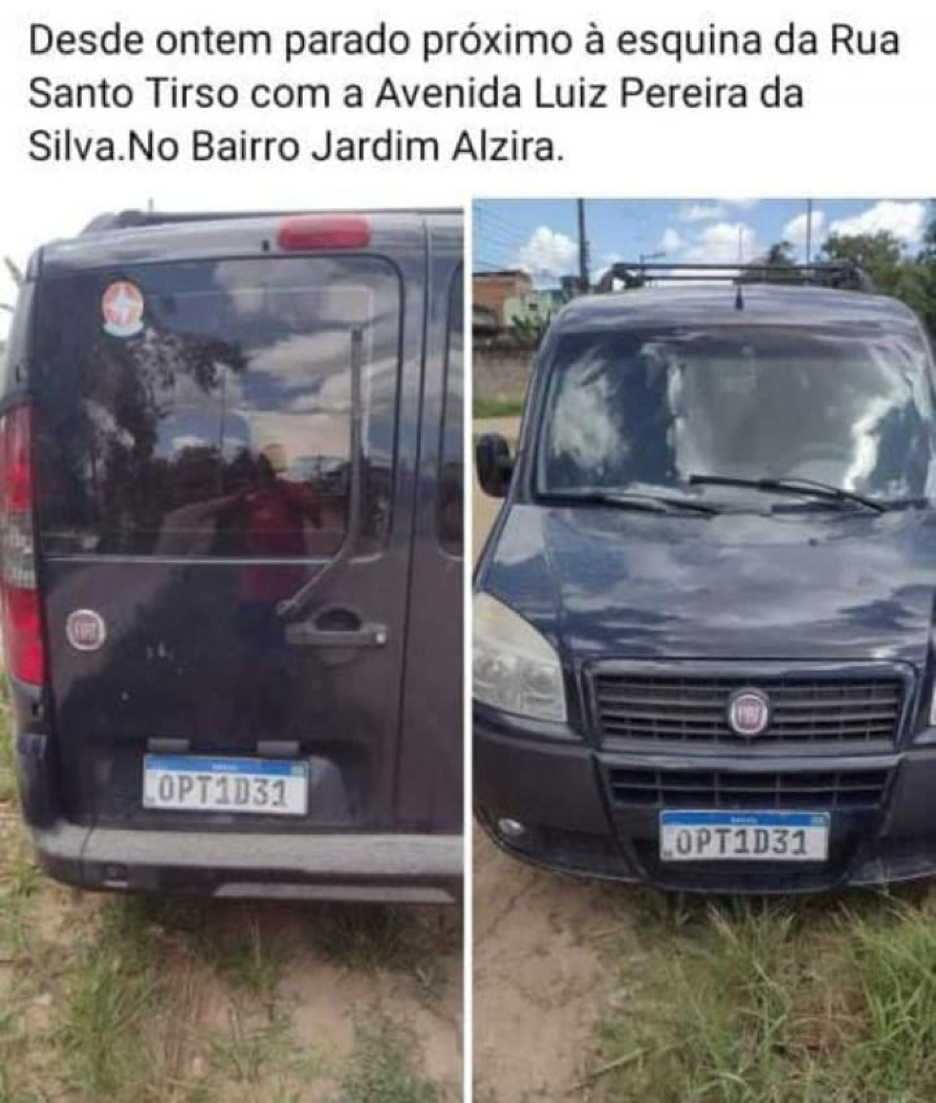 Dobl&ograve; azul, usado pelos amigos Leandro e Cl&aacute;udio, foi encontrado abandonado na esquina da Rua Santo Tirso com Avenida Luiz Pereira da Silva, no bairro Jardim Alzira, em Queimados, na Baixada Fluminense. Fotografia do carro foi postada nas redes sociais          