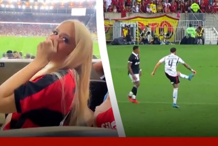 Modelo Karoline Lima acompanhou cl&aacute;ssico dos milh&otilde;es da arquibancada e vibrou a cada lance do novo namorado, o zagueiro do Flamengo&nbsp;L&eacute;o&nbsp;Pereira
