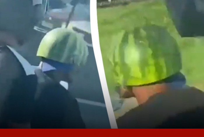 Homem usando melancia como capacete em plena rodovia de Duque de Caxias, na Baixada Fluminense (RJ)