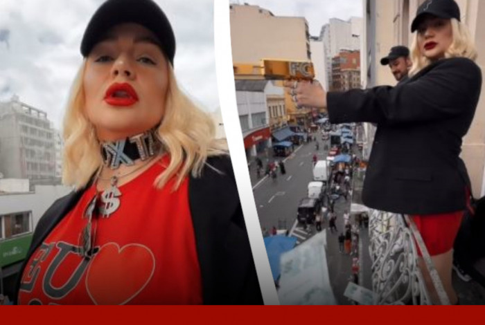 Influenciadora Fernanda Coxta arremessa dinheiro de sacada na Rua 25 de Mar&ccedil;o