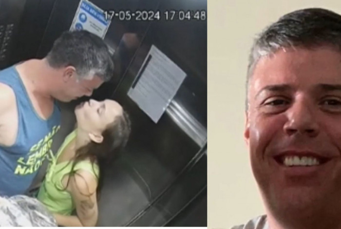 Luiz Marcelo Antônio Ormond e Júlia Andrade Cathermol Pimenta no elevador do prédio da vítima 