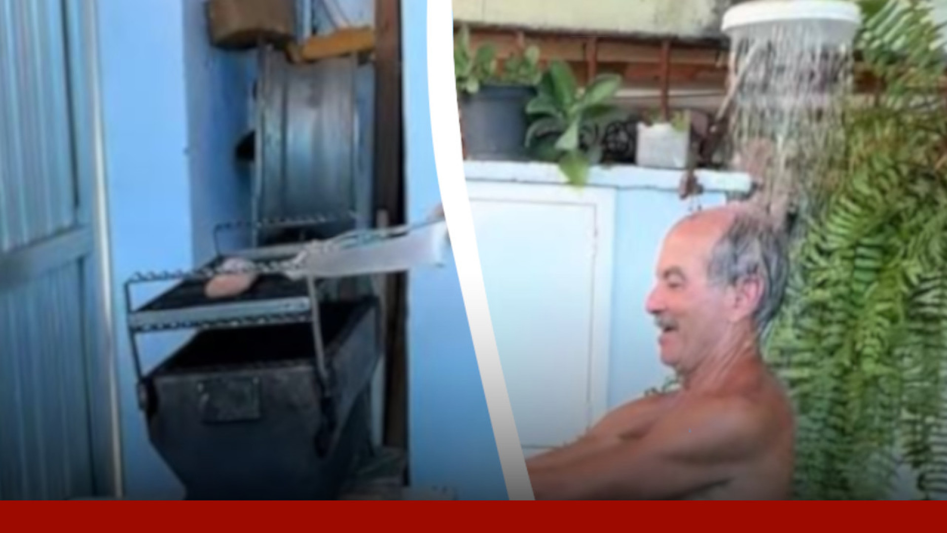 Senhor se refresca em chuveirão enquanto prepara churrasco