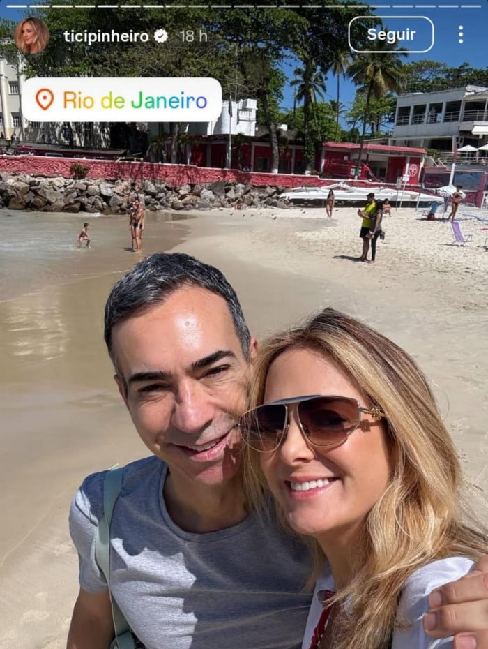 César Tralli curte praia no Rio com a mulher, Ticiane Pinheiro 