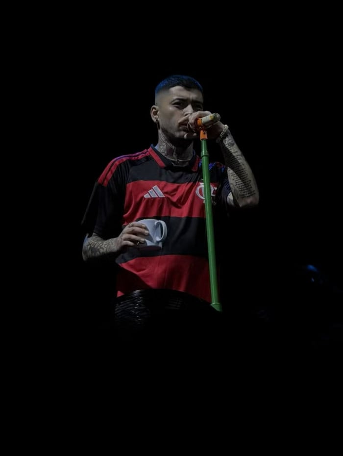 Zayn Malik subiu ao palco no est&aacute;dio do Palmeiras com a camisa do Flamengo
