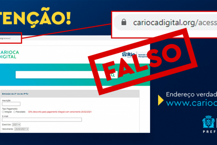 Página fraudulenta que tenta se passar por site oficial da Prefeitura do Rio